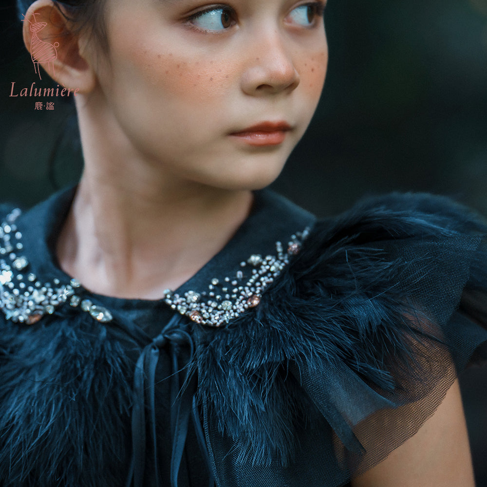 女童珠绣黑粉渐变礼服裙