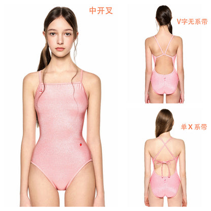 女士粉色刺绣双面专业泳衣