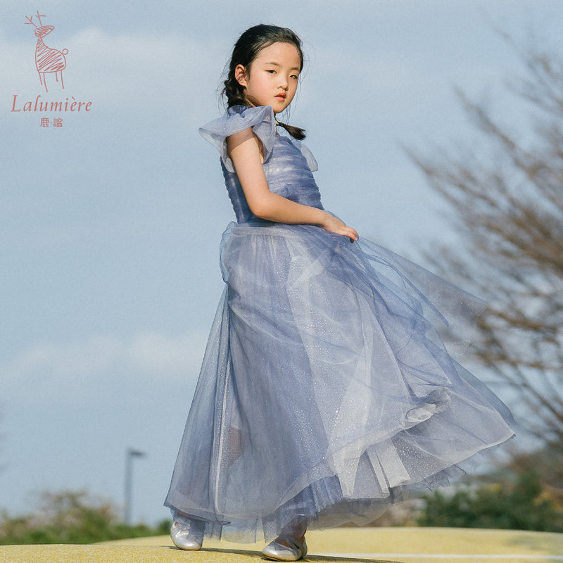 女童星光蓝蝴蝶袖礼服裙