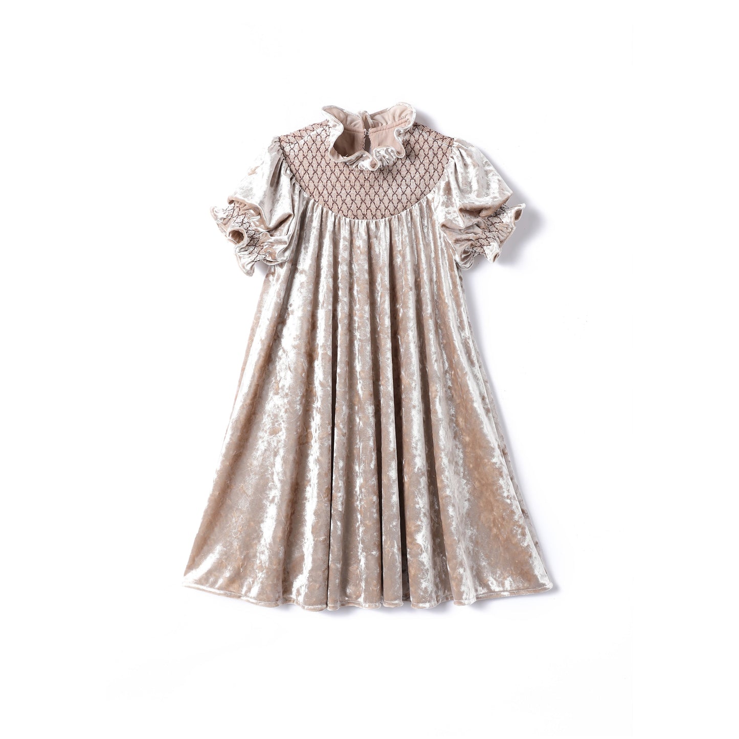 女童杏色短袖打揽丝绒裙