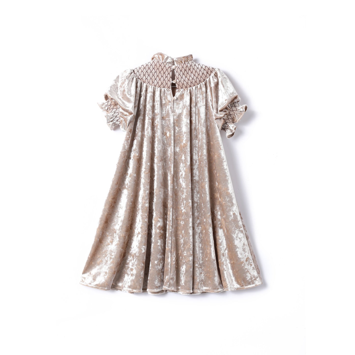 女童杏色短袖打揽丝绒裙