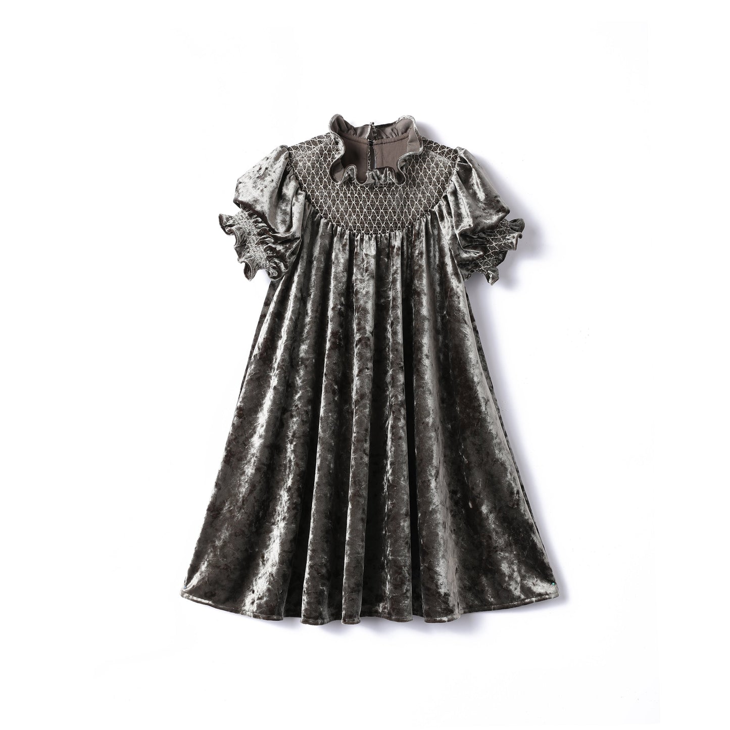 女童绿色短袖打揽丝绒裙