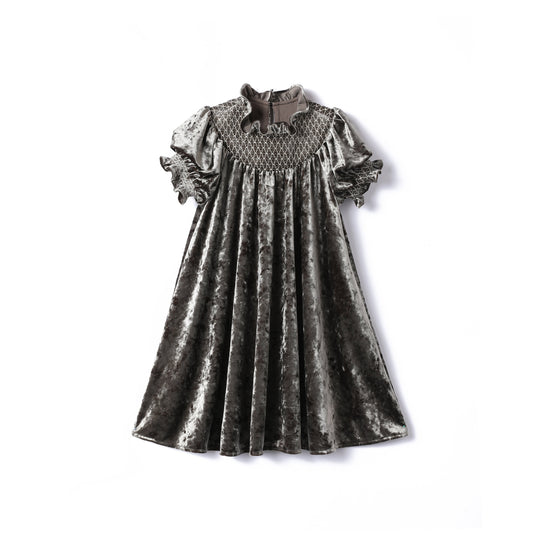 女童绿色短袖打揽丝绒裙