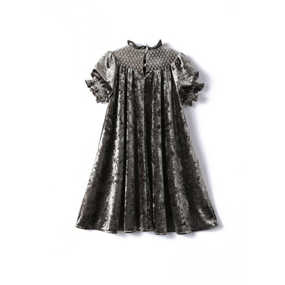 女童绿色短袖打揽丝绒裙