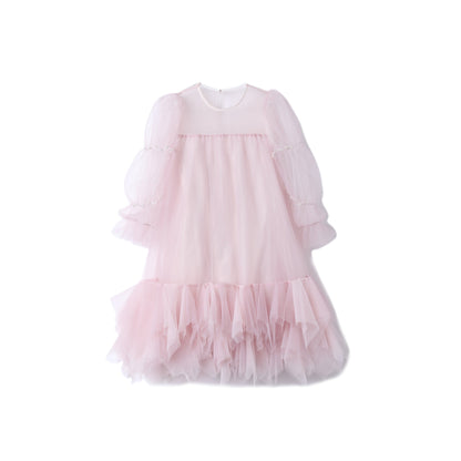 女童粉色珍珠纱袖礼服裙