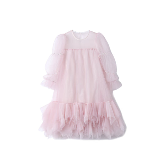 女童粉色珍珠纱袖礼服裙