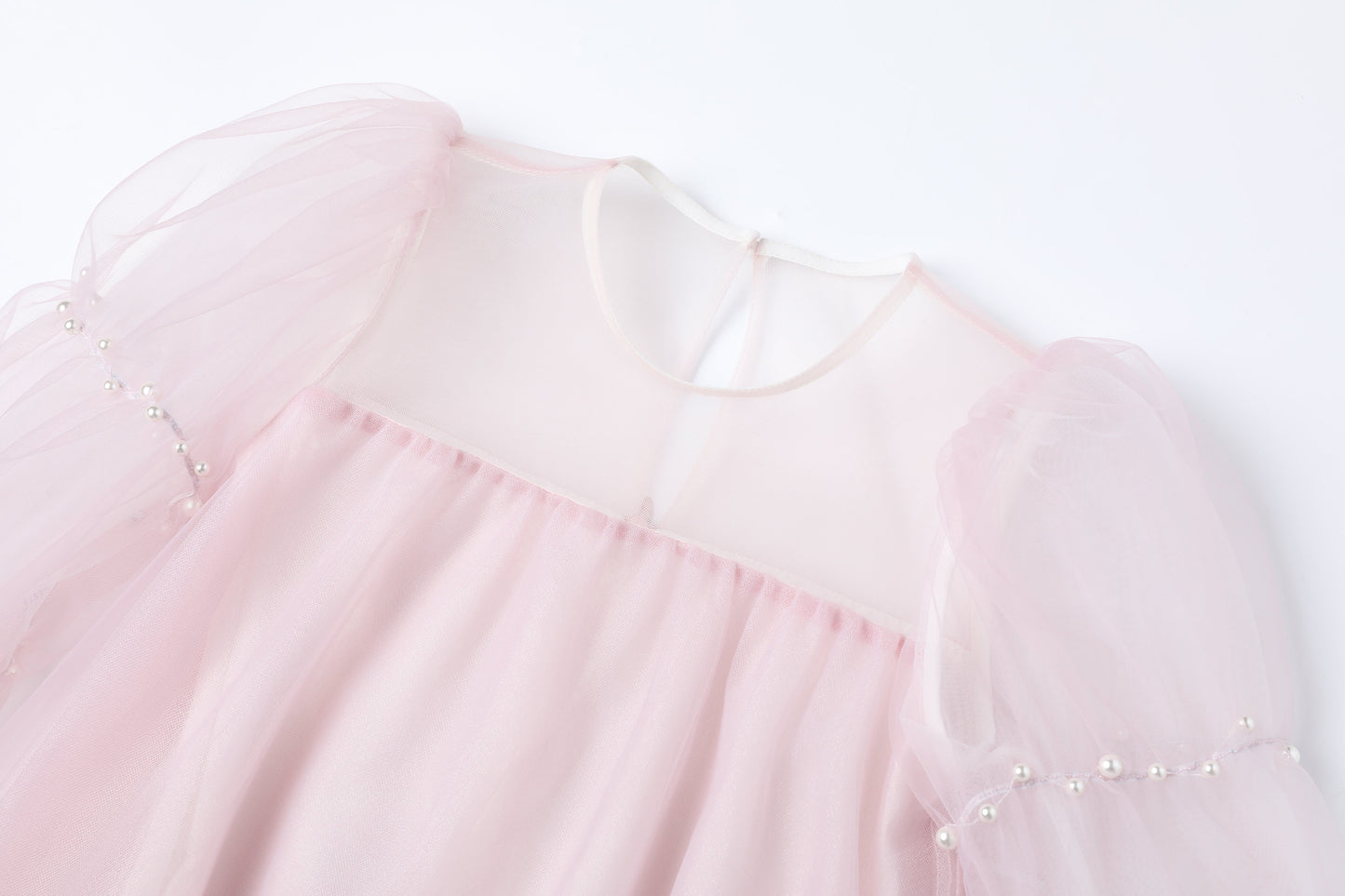 女童粉色珍珠纱袖礼服裙
