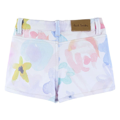 Girls White Cotton Short With Multicolor Print Trims