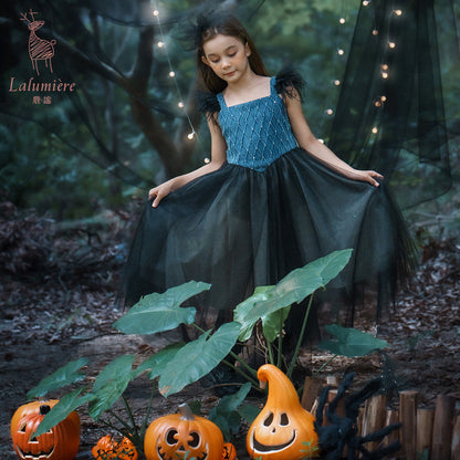 女童牛仔羽毛吊带裙