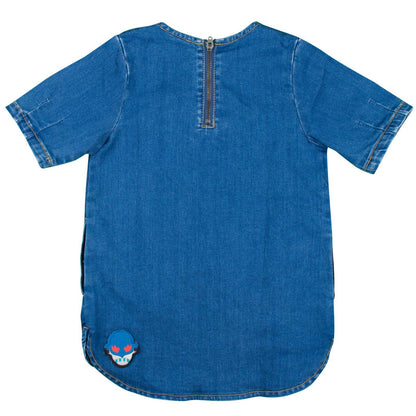 Bess  Girls Blue Denim Short Sleeved Super Stella Heroes Embroidered Dress