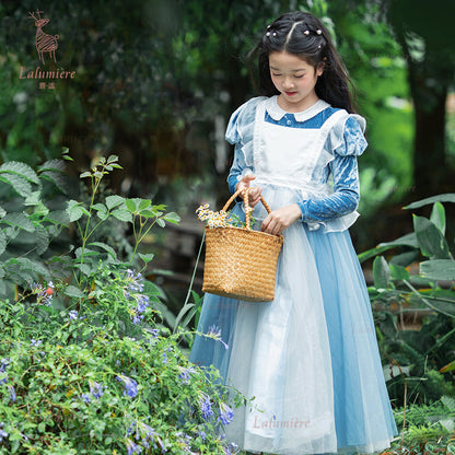 女童蓝色丝绒拼纱秘境公主裙