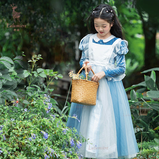 女童蓝色丝绒拼纱秘境公主裙