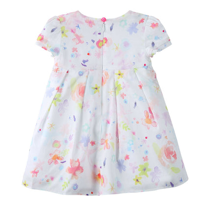 Baby Girls White Cotton Dress With Multicolor Print Trims