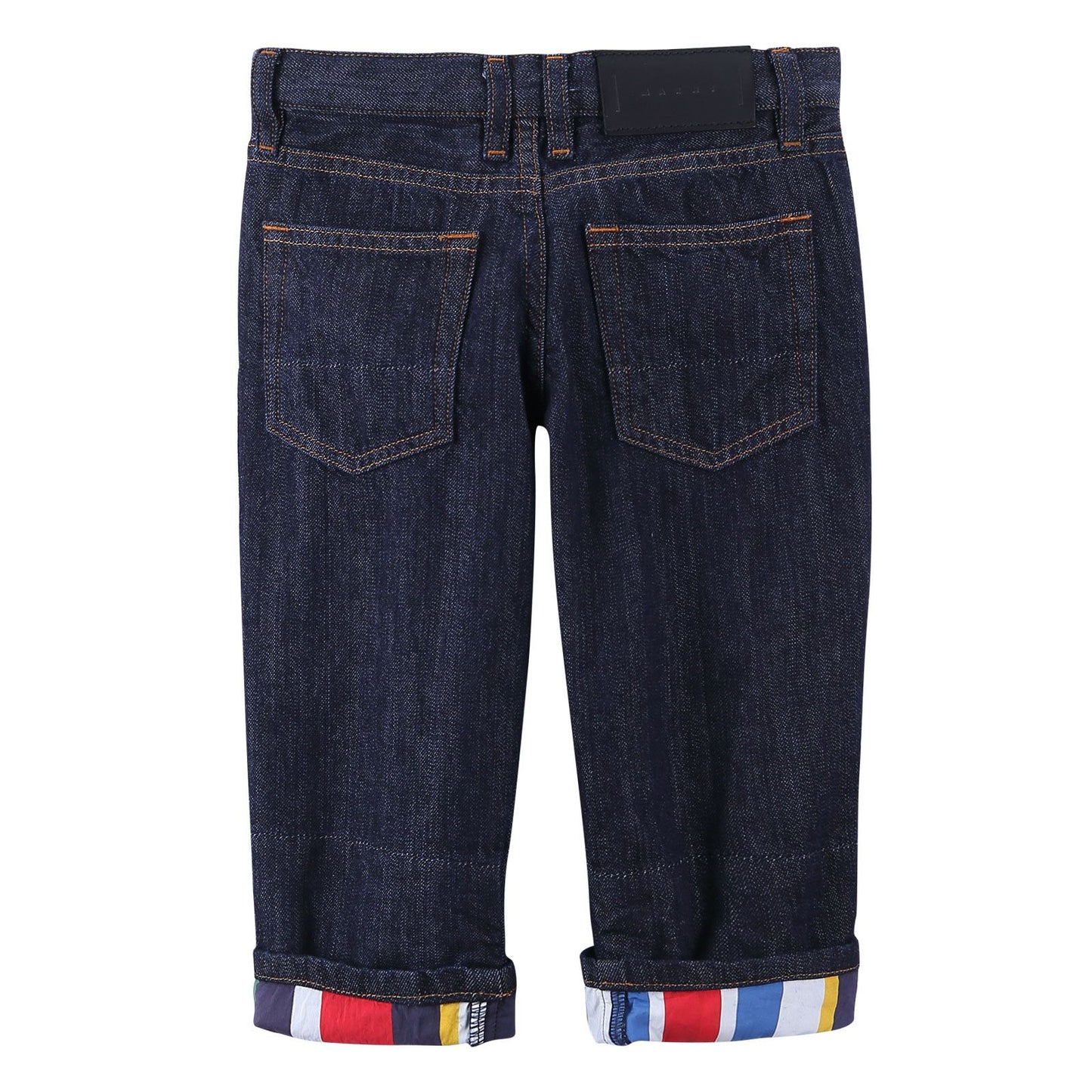 Girls Navy Blue Cotton Jeans With Multicolor Turn Up Cuffs