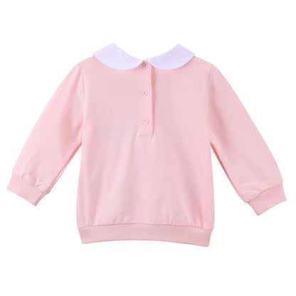 Baby Girls Pink Embroidered Trims Sweatshirt With Peter Pan Collar