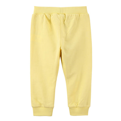 Baby Girls Light Yellow Cotton Trousers With Brand Logo Print