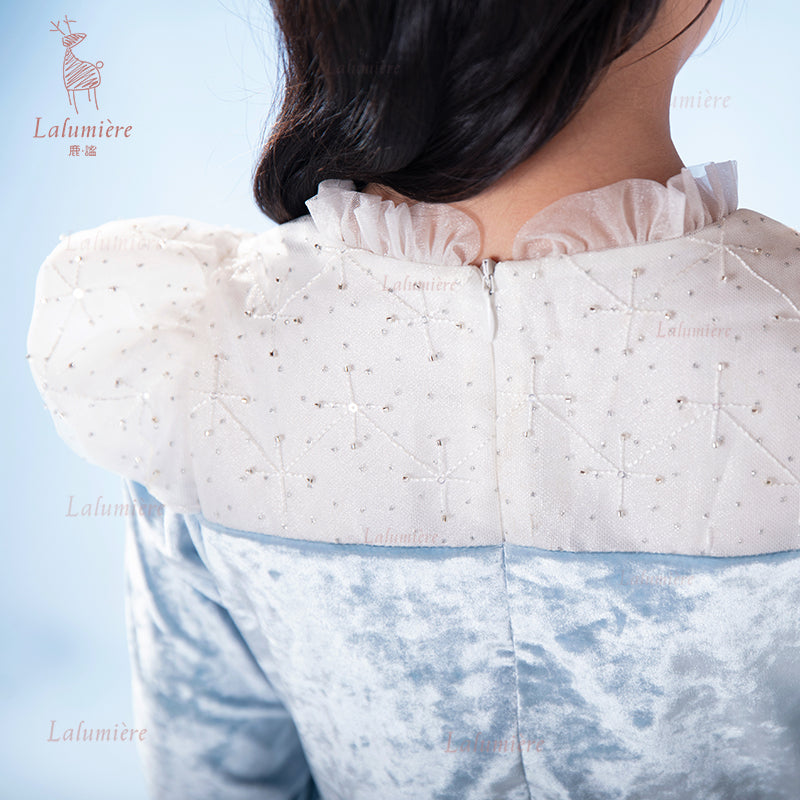 女童蓝色冰雪丝绒拼纱公主裙