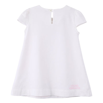 Baby Girls White Cotton Dress With Pink Greca Key Print