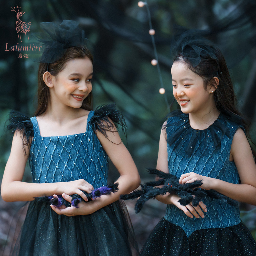 女童牛仔羽毛吊带裙