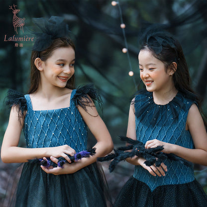 女童牛仔羽毛吊带裙