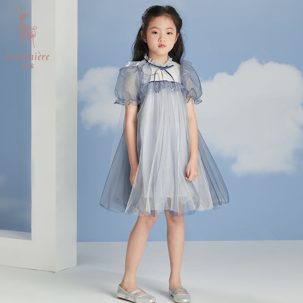 女童海蓝色荷叶边系带礼服裙