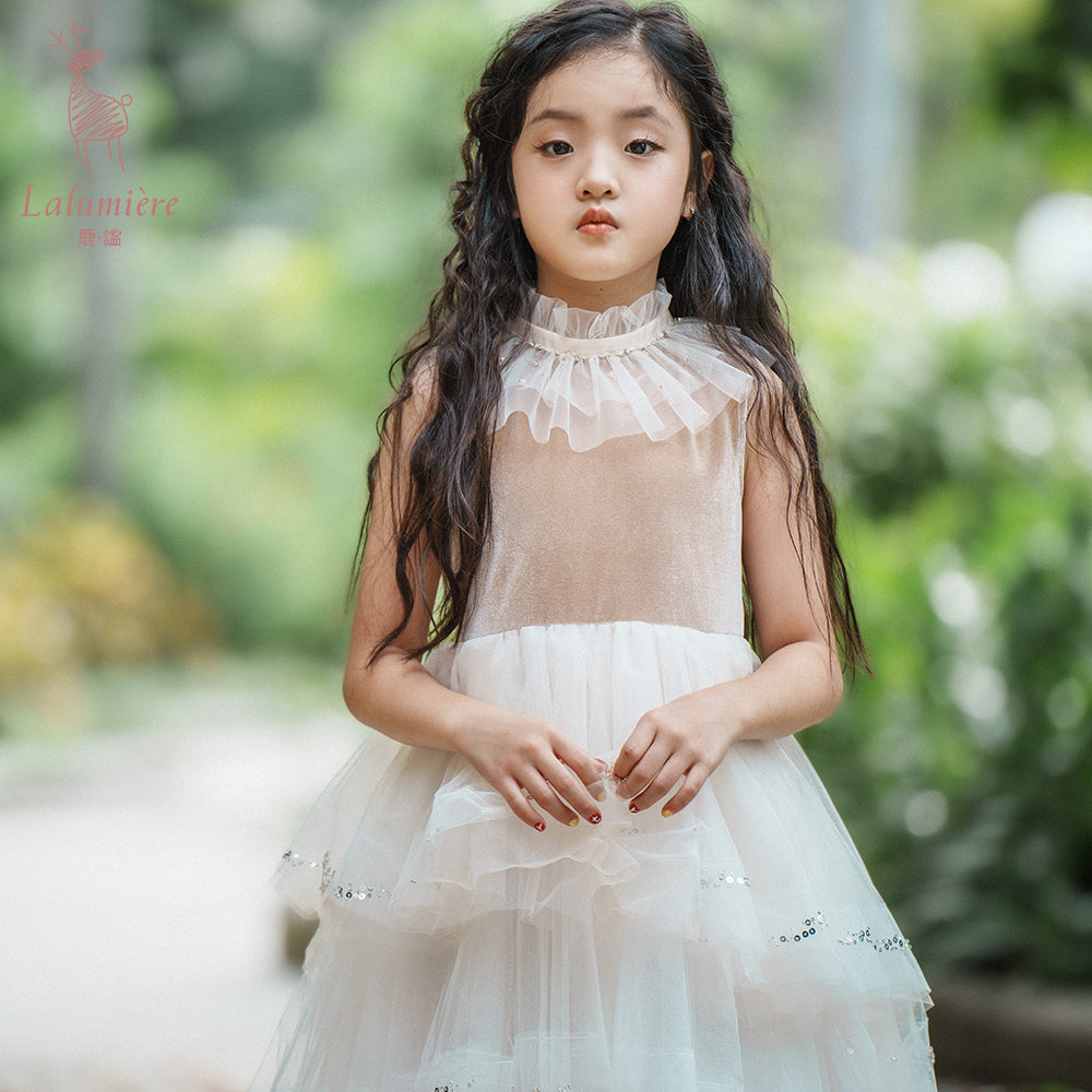 女童杏色不规则珠绣礼服裙