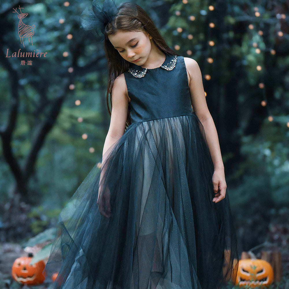 女童珠绣黑粉渐变礼服裙