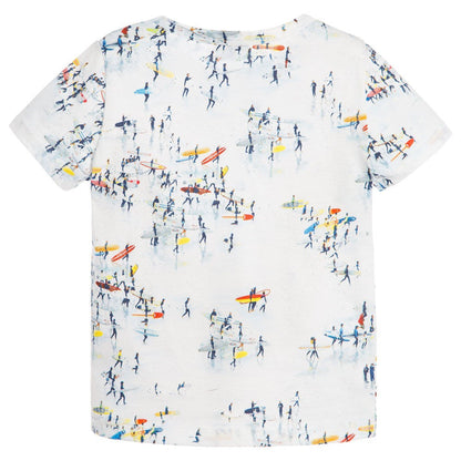 Boys White Cotton T-Shirt With Colorful Print Trims
