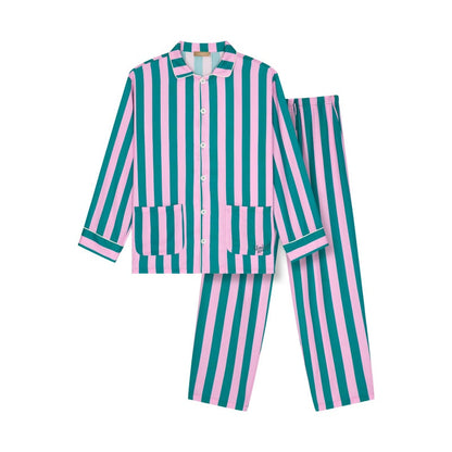亲子款粉色&绿色条纹天丝睡衣套装