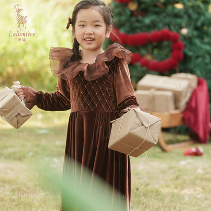 女童棕色欧根纱领长丝绒裙