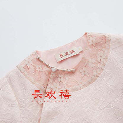 女童粉色"春游湖"真丝上衣