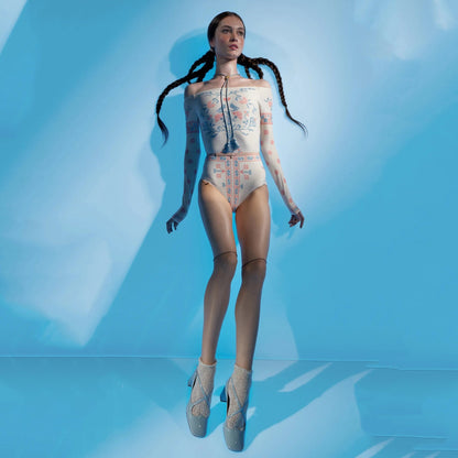 女士米白色印花长袖芭蕾舞连体衣