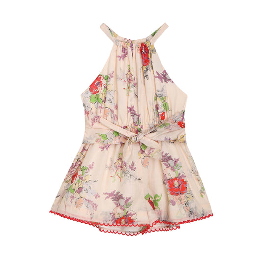 女童浅粉色花朵棉连体裤