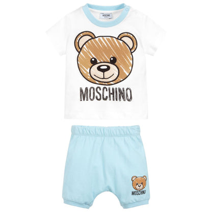 Baby Boys White & Light Blue Cotton Shorts Set