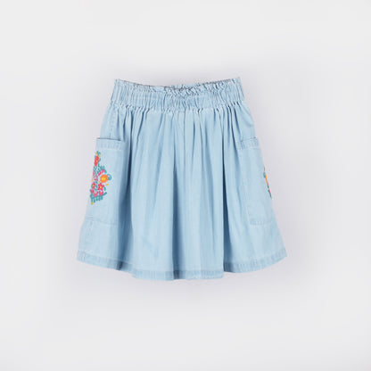 Girls Denim Blue Cotton Embroidered Skirt