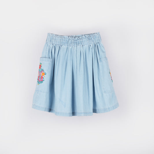 Girls Denim Blue Cotton Embroidered Skirt