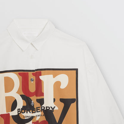 Girls White Printed Logo Cotton Dress