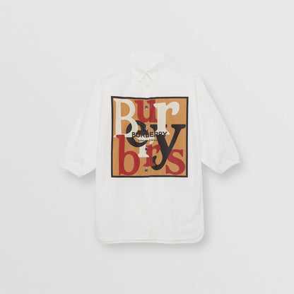 Girls White Printed Logo Cotton Dress