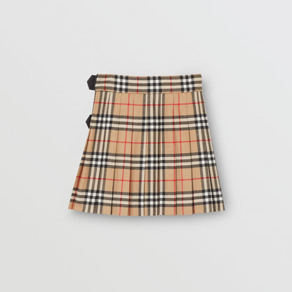 Girls Beige Check Wool Skirt