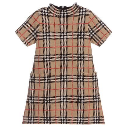 Girls Beige Check Wool Dress
