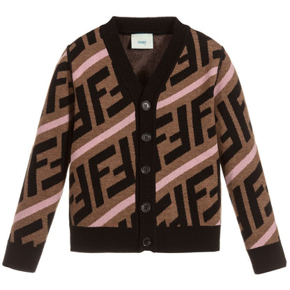 Girls Brown & Pink Logo Wool Cardigan