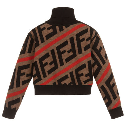 Girls Brown & Red Wool Logo Sweater