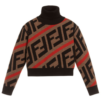 Girls Brown & Red Wool Logo Sweater