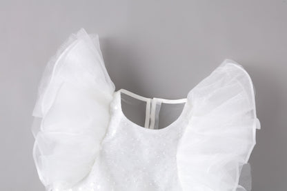 女童白色蝴蝶袖长礼服裙