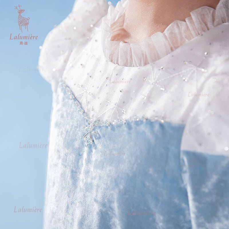 女童蓝色冰雪丝绒拼纱公主裙
