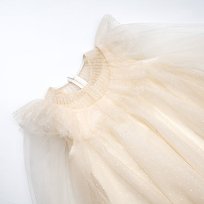 女童香槟色荷叶边礼服纱裙