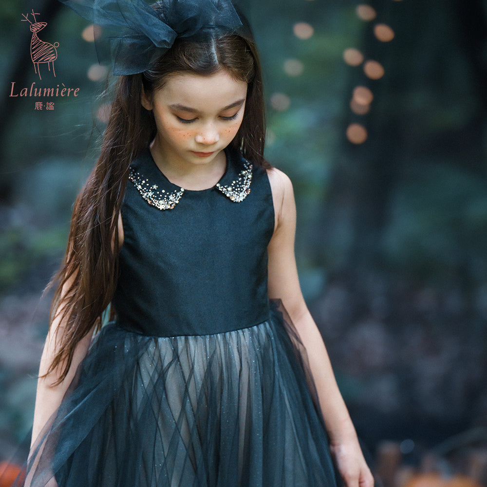 女童珠绣黑粉渐变礼服裙