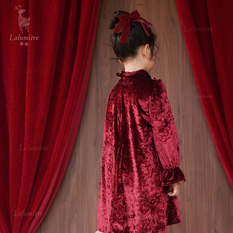 女童红色荷叶领珠绣丝绒礼服裙
