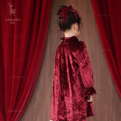 女童红色荷叶领珠绣丝绒礼服裙