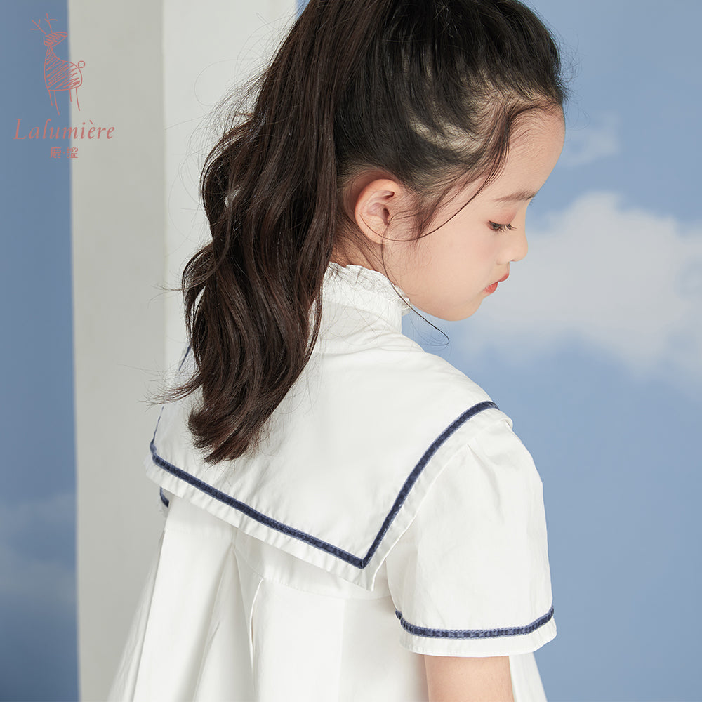 女童小海军棉布衬衫裙+花苞裤套装